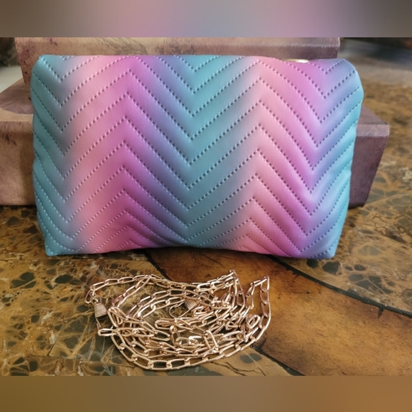Pink and Blue Quilted Clutch with Chain Strap - Picture 2 of 3